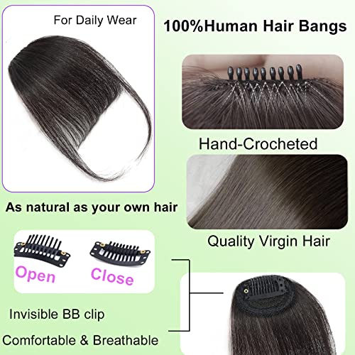 100% Human Hair Clip in Bangs,Women Air Thinning Curtain Flat Natural Black Bangs, Natural Curved Wispy Bangs,Real Human Hair Faux fake Bangs(Wispy Bangs,Natural Black)