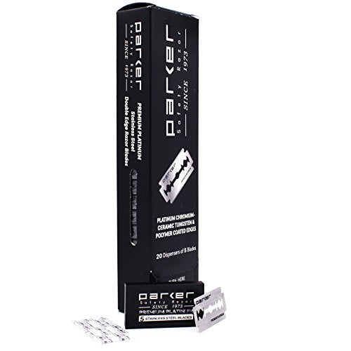 100 Count, Parker Safety Razor Double Edge Safety Razor Blades, Premium Platinum Stainless Steel Razor Blades with PTFE, Tungsten and Chromium Coated Edges for Smooth, and Comfortable Shaves