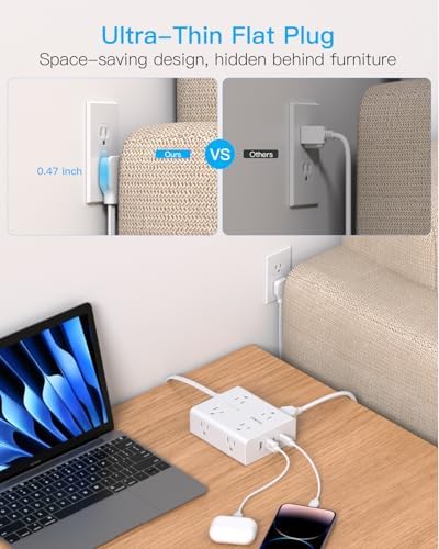 10Ft Extension Cord with Multiple Outlets, Flat Plug Power Strip Surge Protector 10 Ft Long Cord, 8 Outlet 4 USB Ports (2 USB C), Multi Outlet Wall Plug for Home Office, College Dorm Room Essentials