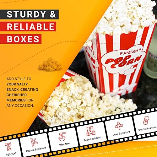 110 Movie Night Popcorn Paper Boxes Buckets 7.75 Inches Tall Large Box & Holds 46 Oz Old Fashion Vintage Retro Party Design Red & White Colored Nostalgic Carnival Stripes Bags & Tubs various qty avail