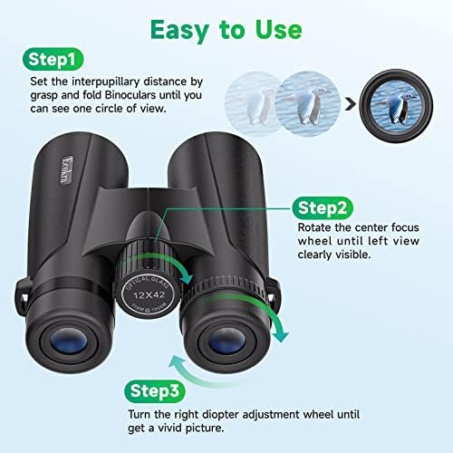 12x42 HD Binoculars for Adults, High Power Binoculars with Tripod Phone Adapter, Waterproof Compact Binoculars for Bird Watching Hunting Stargazing, Clear Low Light Night Vision, BAK4, FMC Prisms