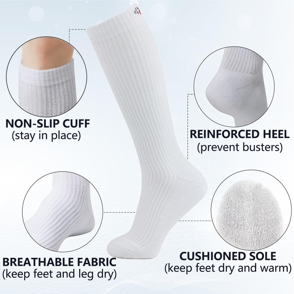 +MD 4 Pairs Compression Socks (15-20mmHg) for Women & Men - Cushion Knee High Socks for Running, Medical, Athletic, Nurses, Travels, Edema, Anti-DVT, Varicose Veins, Shin Splints 4White 9-11