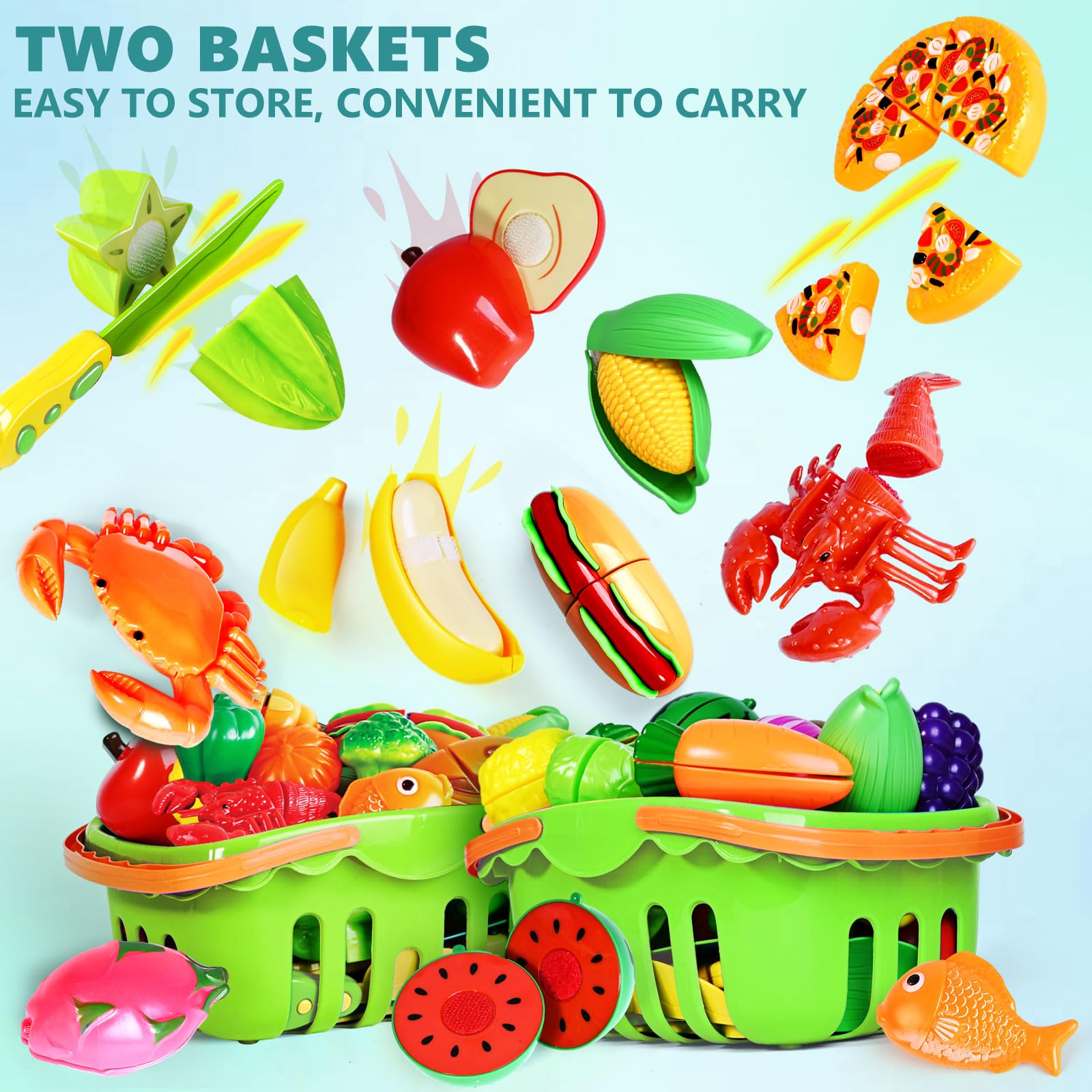 100 PCS Cutting Play Food Toy for Kids Kitchen, Pretend Food Kitchen Toys Accessories with 2 Baskets, Fake Food/Fruit/Vegetable, Christmas Birthday Gifts for 2 3 4 5 Years Old Toddlers Boys Girls