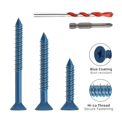 1/4" x 1-1/4" Concrete Screws, 100 PCS Blue Flat Head Concrete Screws Anchor Kit with Drill Bit and Screwdriver Bit, for Masonry, Cement, Block, Brick or Stucco