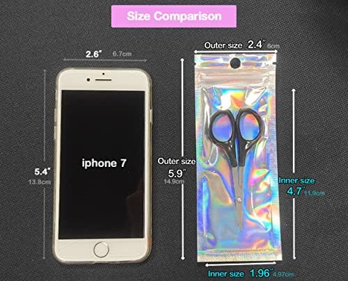 100 Pcs Resealable Holographic Bags Small Ziplock Plastic Smell Proof Baggies for Party Favor Food Storage, Lip Gloss, Candy, Cosmetic & Jewelry Packaging, 2.4x5.9"