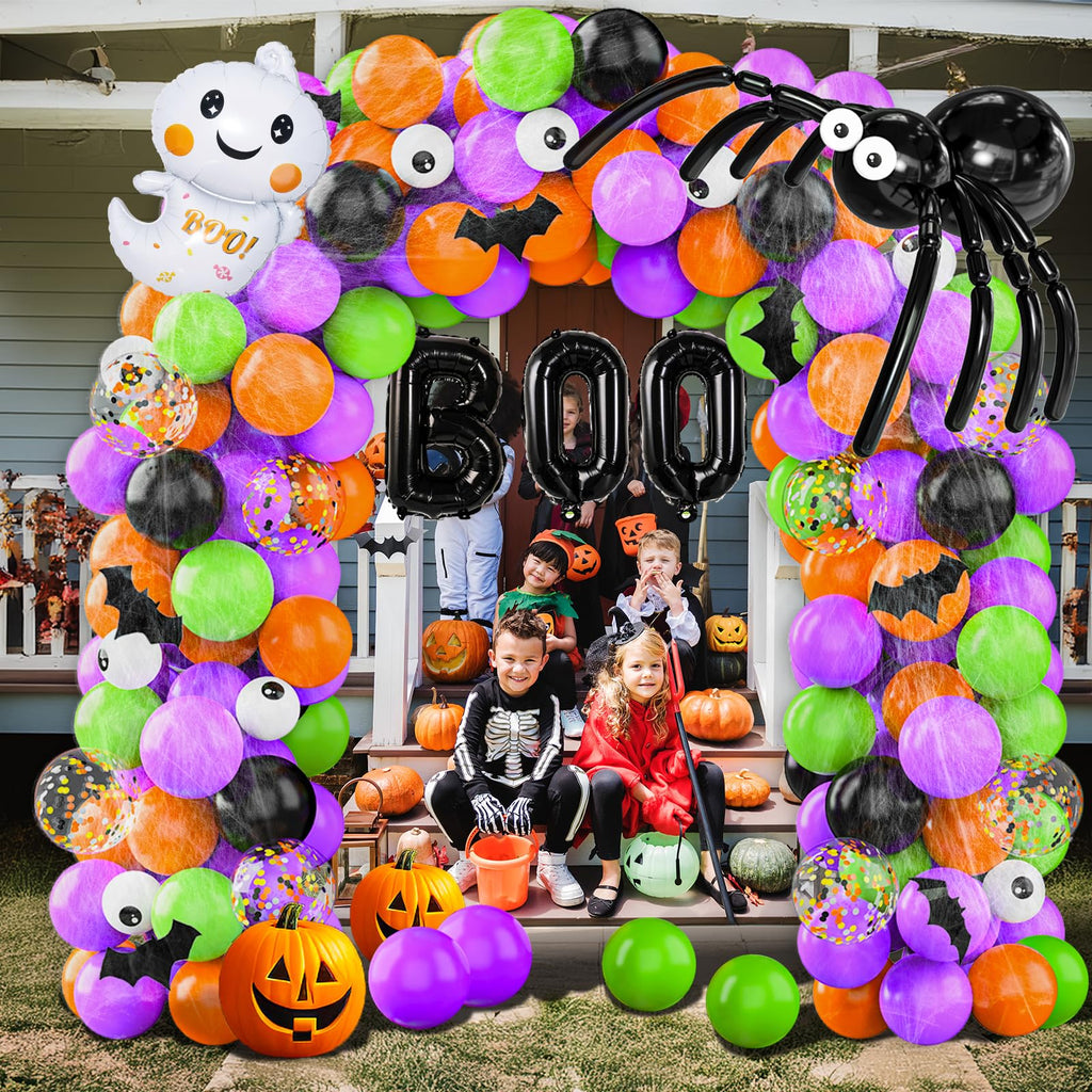 114 Pcs Halloween Balloons Garland Arch Kit, Orange Black Purple Latex Party Balloons Set with Pumpkin Spider Bat Tree Man BOO Foil Balloons and Confetti Balloons for Halloween Party Decorations