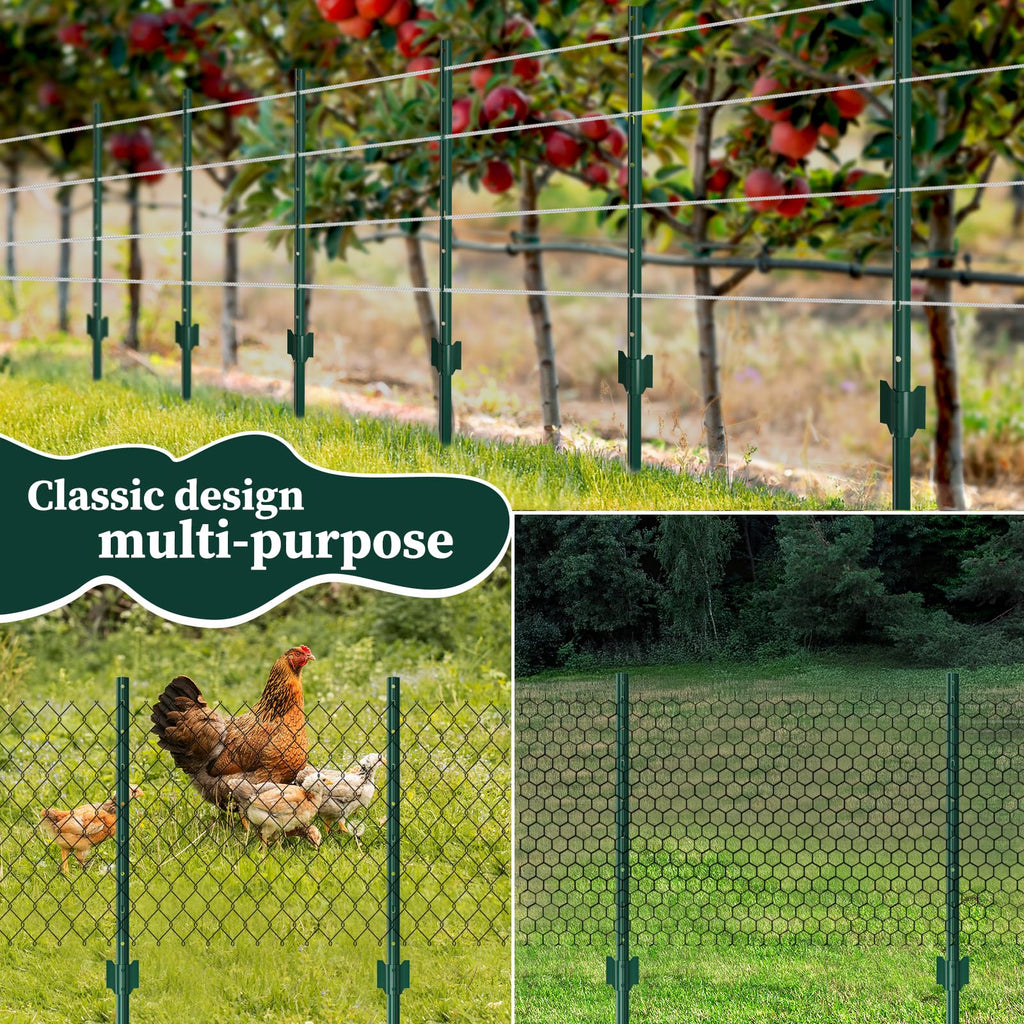 10 Pack Garden Fence Post, 5 Feet Heavy Duty Metal U-Post for Wire Fence, No Dig Garden Fence Stakes for Temporary Fencing, Electric Fence Wire, Corner Anchor, and More-Green