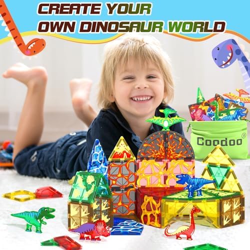 102PCS Dinosaur Toys Magnetic Tiles with 8 Dinosaurs - Jurassic Scenes Dinosaur World Adventure Set, Magnetic Blocks Kids Toys for Boys & Girls Ages 3+, Sensory Toddler Toys Creative Kids Games Gifts
