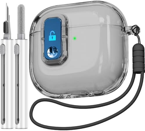 (with Safety Lock) Clear Case Compatible with AirPods 4th Generation Case with Cleaner Kit,Soft TPU Transparent AirPods 4 Case,Full Protection Cover with Lanyard for AirPods 4 Gen (2024) (USB-C)Black