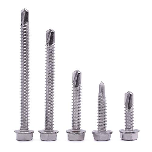 #8 x 1 Hex Washer Head Self Drilling Screws, Self Tapping Sheet Metal Tek Screws, 410 Stainless Steel, 100 PCS