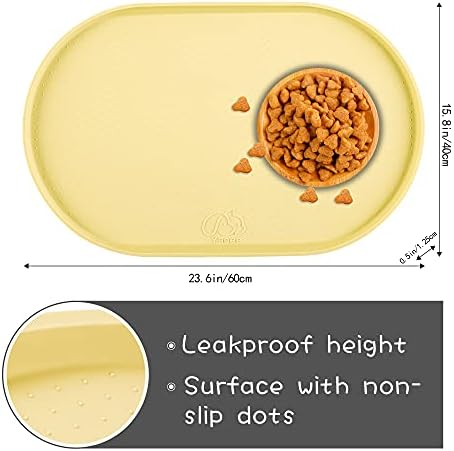 100% Waterproof 0.5" Raised Edge BPA Free Silicone Dog Food Mat, Pet Cat Feeding Mats Contain Spills Protects Floors, Placemats for Cats and Dogs Water Bowl Dishwasher. (Large/XL, Yellow)