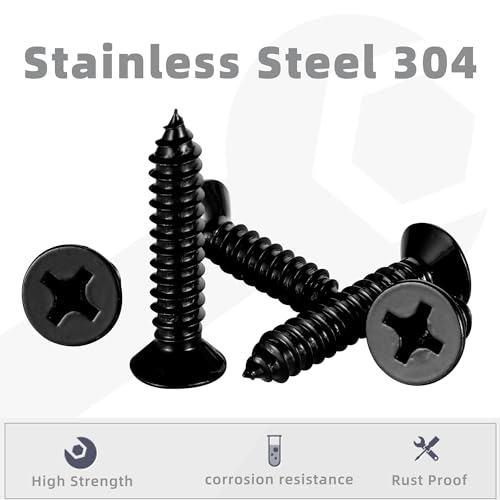 #10 x 5/8" Wood Screws Flat Head Fast Self Tapping Drywall Screws 18-8 Stainless Steel 304 Black Finish, 100 PCS