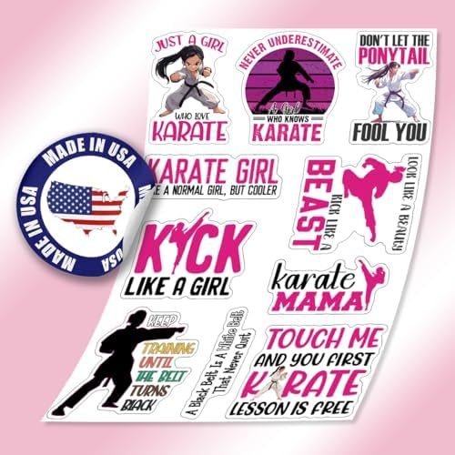 (10pcs) Karate Stickers Funny Karate Decals Sports Karate Fighter Martial Arts Funny Gifts Multiple Different Design, Waterproof, UV- Resistant, Suitable for Tumbler, Laptop Car Truck (Karate Girl)