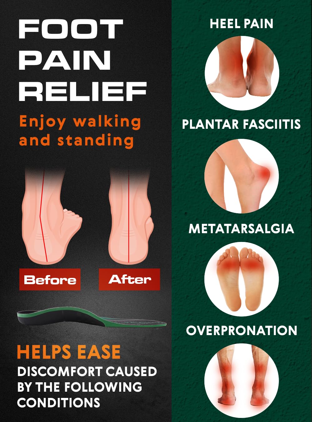 (Pro Grade) 220+ lbs Plantar Fasciitis High Arch Support Insoles Men Women - Orthotic Shoe Inserts for Arch Pain Relief - Boot Work Shoe Insole - Standing All Day Heavy Duty Support (L, Green)