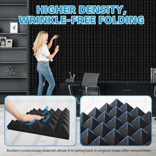 12 Pack Pyramid Acoustic Foam Panels 1" X 12" X 12" High Density Soundproof Foam Panels for Wall, Quick-Recovery Noise Cancelling Wall Panels with 180 Pcs Double Side Adhesive