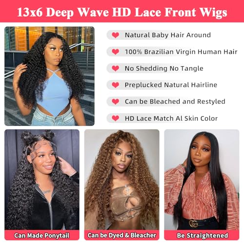 13x6 Deep Wave Lace Front Wigs Human Hair Wigs for Women Deep Curly Lace Front Wig Human Hair HD Lace Frontal Wigs Human Hair Pre Plucked with Baby Hair(26 Inch)