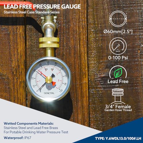 0-100 psi Water Pressure Gauge Test with Lazy Hand, Lead-Free, 2-1/2" Dial Size, 3/4" Female Garden Hose Thread, IP67 Waterproof, Stainless Steel Case, for Home Potable Water, House Tube