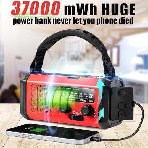 10000mAh Crank Radio, Emergency Radio,NOAA/AM/FM Weather Radio, Type-C Charge,Solar Charging,SOS, 3 Modes LED Torch, Reading Lamp, Compass for Outdoor Survival (Red)