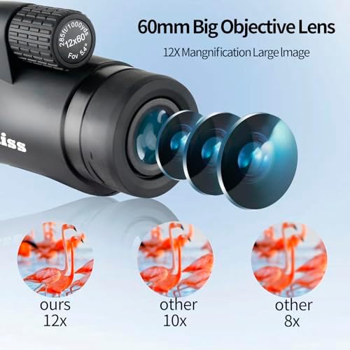 12X60 High-Power Monocular Telescope with Smartphone Holder and Tripod, Large Vision with BAK-4 Prism and FMC Lens Suitable for Bird Watching Hunting Hiking Camping Wildlife