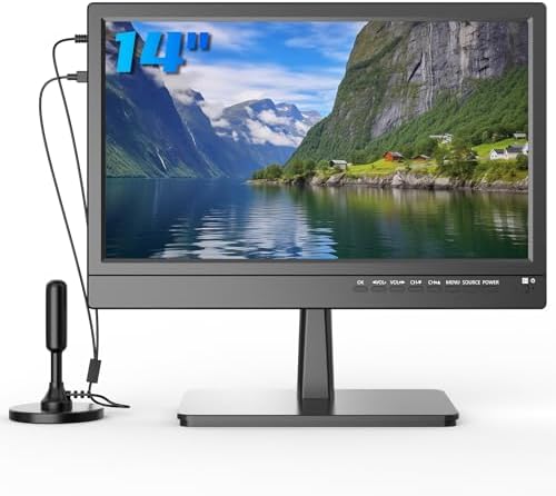 14 inch Small Flat Screen Kitchen TV with Antenna ATSC Tuner/USB/HDMI/AV/VGA, Built-in TV Stand and Remote Control for Car,RV,Camping,Outdoor or Office