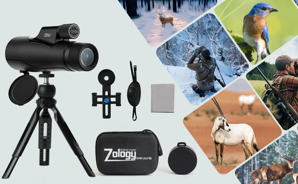 12x56 HD Monocular Telescope with Premium Carry Case,Phone Adapter and New Generation Tripod,Portable and Waterproof High Power Monocular for Hiking and Bird Watching