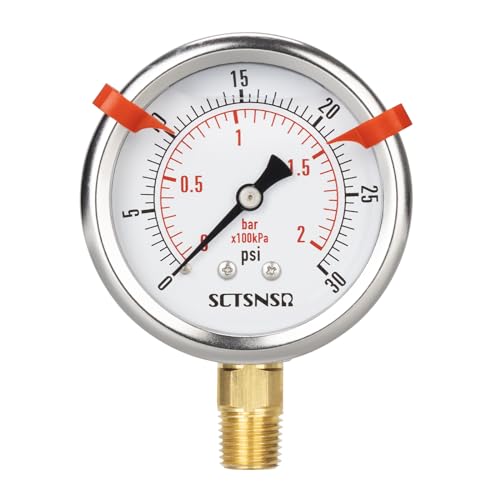 0 to 30 Psi Pressure Gauge, Glycerin Liquid Filled, 2.5 inch Dial, 1/4" NPT Lower Mount, Stainless Steel Case, for Water Tank, Pool Sand Filter, Coolant, CO2, Oil, Gas, Low Pressure Test