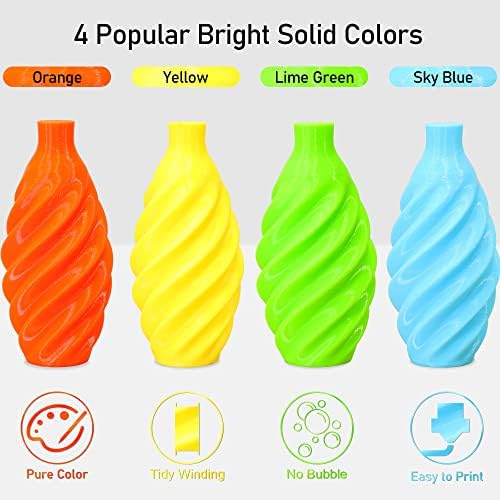 1.75mm 3D PLA Filament 4 in 1 Bundle: Yellow, Orange, Lime Green, Sky Blue, 4 Bright Colors Packed, Each Spool 250g, 4 Spools Packed, Total 1Kg 3D Printing Material with Extra 3D Print Tool by MIKA3D