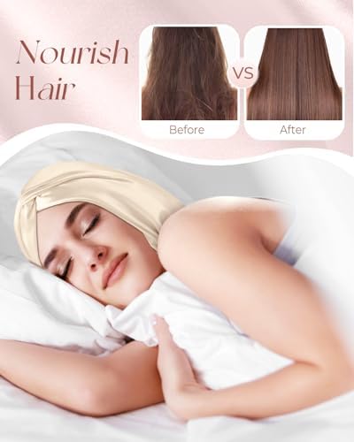 100% Mulberry Silk Bonnet for Women Sleeping Set 19 Momme Natural Silk Sleep Cap for Hair Care with Eye Mask & Scrunchie Night Cap with Elastic Stay On Head, Gold
