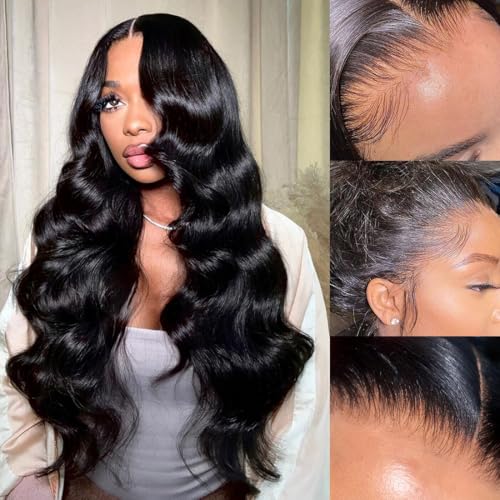 13x6 Body Wave Lace Front Wigs Human Hair Pre Plucked 30Inch 180% Density HD Transparent Lace Frontal Wigs for Women Glueless Wig with Baby Hair