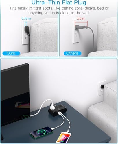 10 Ft Ultra Thin Flat Extension Cord, Black Flat Plug Power Strip with 3 Outlets 3 USB Ports(2 USB C), Desk Wall Outlet Extender, Non Surge Protector for Cruise, Dorm Room Essentials