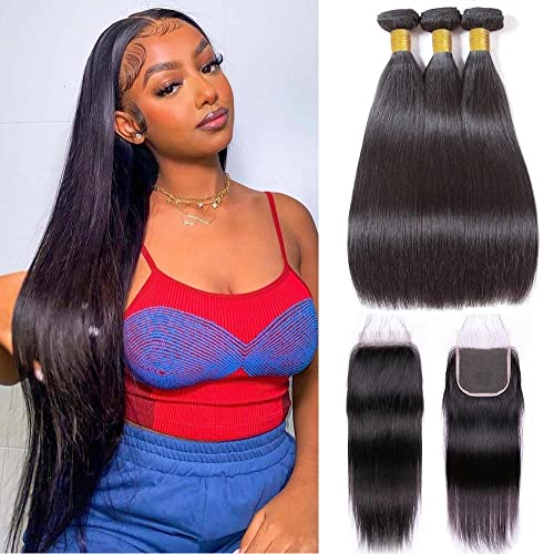 10A Brazilian Straight Human Hair 3 Bundles with Closure 12 14 16+10 Inch Straight Bundles with Closure 100% Unprocessed Straight Virgin Hair Weave Bundles Human Hair with Closure HD Lace