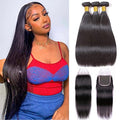 10A Brazilian Straight Human Hair 3 Bundles with Closure 12 14 16+10 Inch Straight Bundles with Closure 100% Unprocessed Straight Virgin Hair Weave Bundles Human Hair with Closure HD Lace