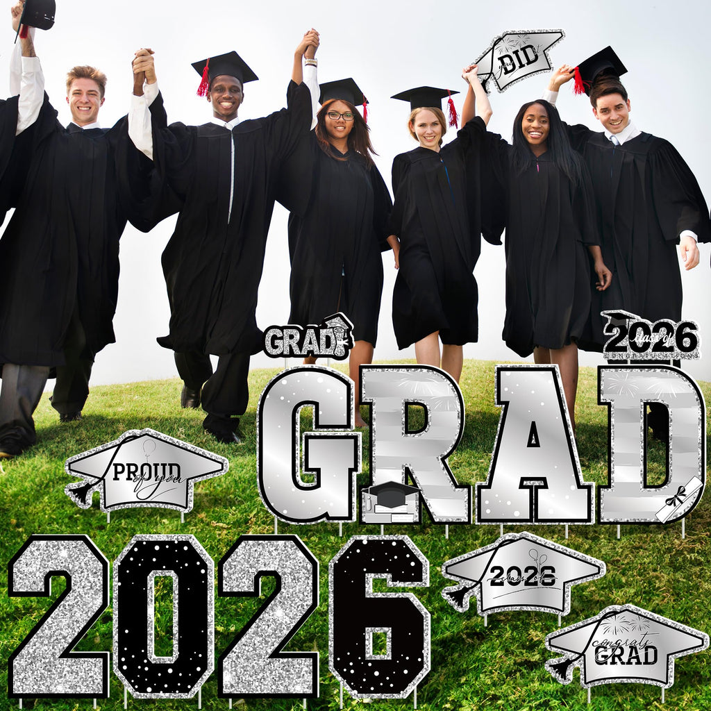 14 PCS Graduation Decorations, Silver Congrats Grad 2026 Lawn Stakes, Class of 2026 Graduation Yard Signs with Stakes, Weatherproof Graduation Outdoor Decor Set for College High School Grad Party