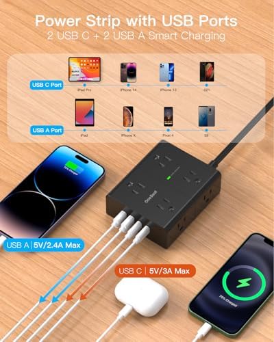 10Ft Extension Cord with Multiple Outlets, Flat Plug Power Strip Surge Protector 10 Ft Long Cord, 8 Outlet 4 USB Ports (2 USB C), Multi Outlet Wall Plug for Office, College, Dorm Room Essentials