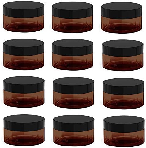 1 oz Amber Plastic Cosmetic Jars Leak Proof Container with Black Lid for Cream, Lotion, Powder, ointment, Beauty Products etc, 12 Pcs.