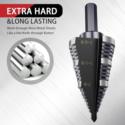 1/4 to 1-3/8 Inch Step Drill Bit, M2 High-Speed Steel Double Fluted Drill bits, Straight Grooved Step Drill Bit for Hole Drilling in Stainless Steel, Copper, Aluminum, Wood, Plastic