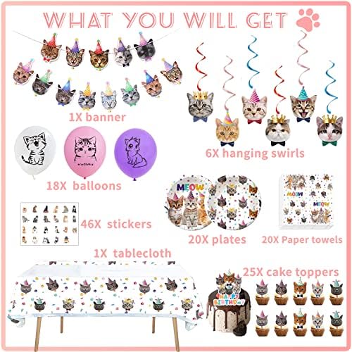 137PCS Kitten Birthday Party Supplies - Serves 20 Guests - Decorations, Plates, Banner, Napkins, Balloons, Tablecloth, Cake Toppers for Cat Themed Party