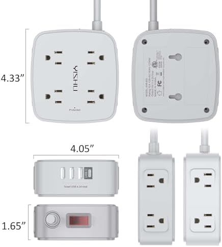 10 Ft Surge Protector Power Strip - 8 Widely Outlets with 4 USB Ports, 3 Side Outlet Extender with 10 Feet Extension Cord, Flat Plug, Wall Mount, Desk USB Charging Station, ETL, Grey