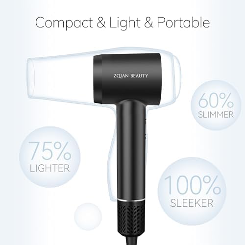 110,000 RPM Brushless Motor Hair Dryer for Fast Drying, 200 Million Negative Ions, Travel-Friendly Low Noise Design (Black, with Concentrator and Diffuser)