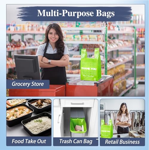 1000PACK Green Thank you bags, T shirt bags, Plastic Bags with Handles, Grocery shopping bag Reusable and Disposable Supermarket Bag 11.5''x6.25''x21'' (Green),Medium