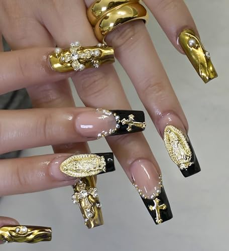 128Pcs Gold Nail Charms Set with Gold Nail Gems, Gold Rose, Hearts, Gold Cross Nail Charms and Virgin Mary Nail Charms - Y2K 3D Chrome Nail Charma Decorations
