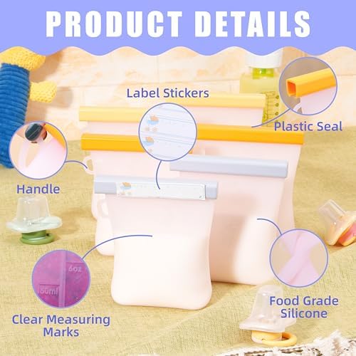 12 Pcs Silicone Breastmilk Storage Bags Reusable, 8oz/240ml Double Leak-Proof Breastmilk Freezer Bags, BPA Free Self-Standing Milk Bags for Breastfeeding, Baby Food Pouches