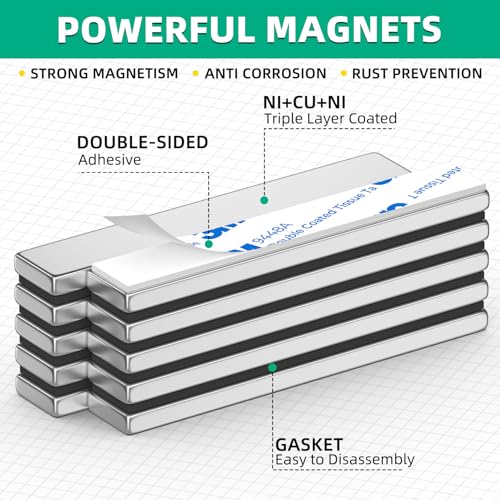 12 Pcs Bar Magnets, 60x10x3mm Thin Magnet Bar, Rectangle Magnets, Magnetic Bars Strip, Double Sided Magnet with Adhesive Backing for Fridge, Whiteboard, Garage,Science