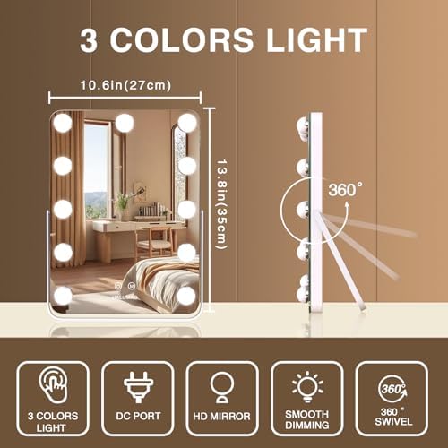 13.9" x 10.7" Vanity/Makeup Mirror with Lights, Hollywood Lighted Vanity Mirror with 11 Dimmable LED Bulbs,3 Color Modes,Touch Control Led Mirror Makeup,Dimmable,for Vanity Desk Tabletop,Bedroom