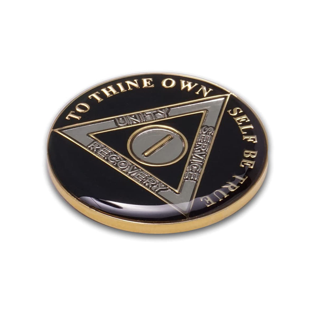 1 Year Sobriety Coin | Triplate AA Chip Recovery Anniversary Token (Black)