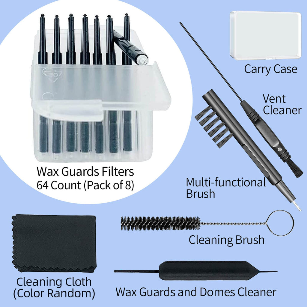 (8Packs) Hearing Aid Wax Guard Filters (64 Units) Replacement Wax Cerumen Stop Wax Traps for Phonak, Widex, Unitron and Resound - 5 Pieces Hearing Aid Cleaning Kit Accessories with Carry Case