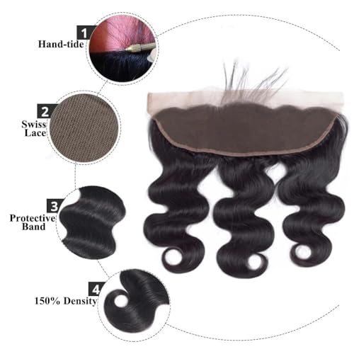 13 x 4 Lace Frontal Closure Body Wave Frontal 13 x 4 HD Transparent Lace Frontals With Bangs Baby Hair 100% Remy Human Hair 150% Density Natural Color(10 Inch)