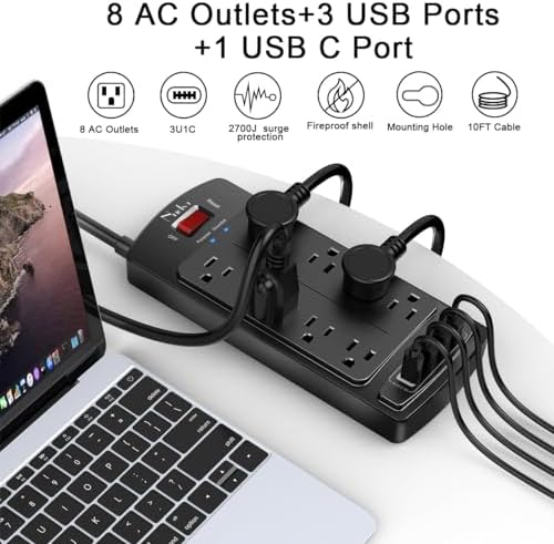 10 Feet Surge Protector Power Strip - Nuetsa Extension Cord(1625W/13A) with 8 Outlets and 4 USB Ports, Flat Plug, 2700 Joules, for Home, School, College Dorm Room, and Office, ETL Listed, Black