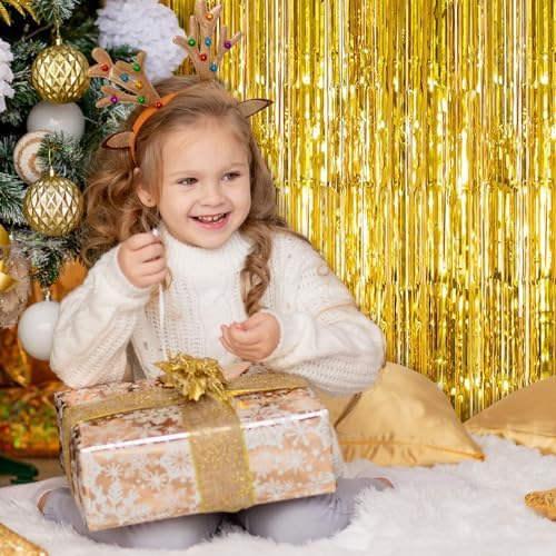 10 Pack Gold Foil Curtain Backdrop 3.2ft x 9.8ft Gold Metallic Tinsel Foil Fringe Curtains Streamer Photo Booth Backdrop for Birthday Party Engagement Bachelorette Party Decorations (Gold)