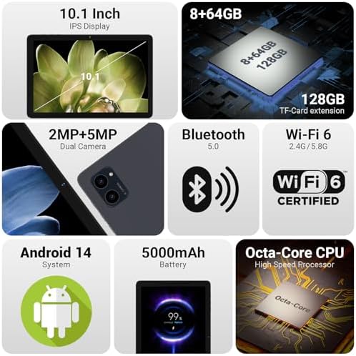 10.1" Android Tablet, Octa-core Processor, 8GB RAM, 64GB Storage (Expand to 1TB), 1280x800 IPS HD Display, 5000mAh Battery, Dual Camera, Wi-Fi 6, Bluetooth 5.0, GMS Certified, Black